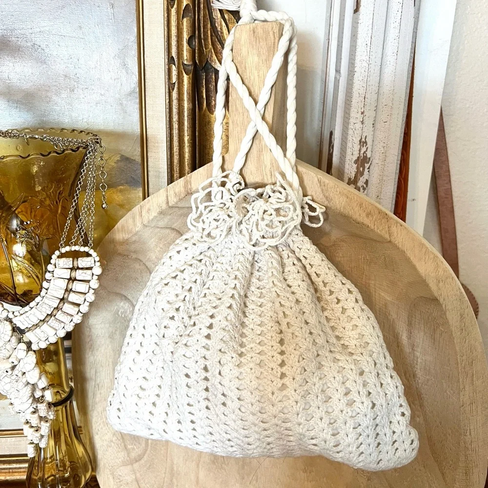 Vintage Handmade Crochet Doily Rope Cinched Festival Hippie Prairie Bag